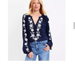 LOFT Dark Blue Blouse with White Floral Embroidery